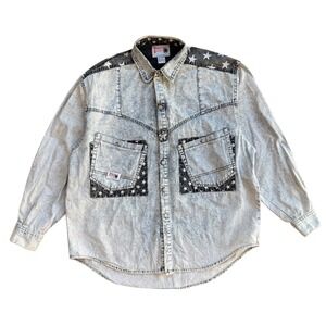 Vintage Dakota Blue Mens Acid Wash Star Denim Western Shirt Size 7 Large